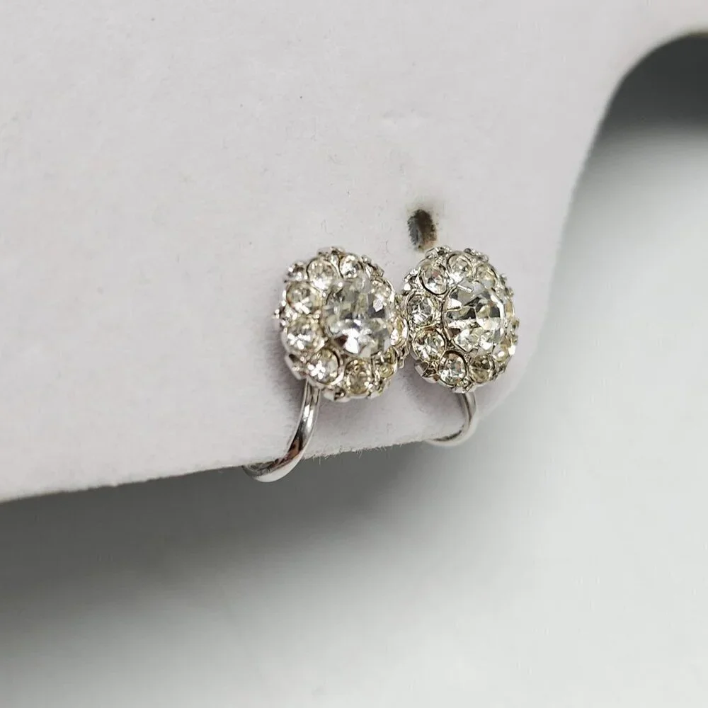 Vintage Coro Screw Back Clip Earrings With Clear Rhinestones Silver Tone Metal